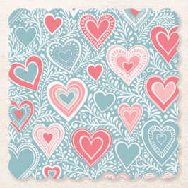 Posavasos De Papel Corazón floral folclórica suave azul Chica rosa Ru
