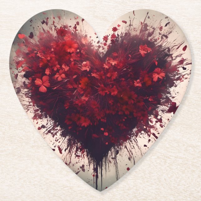 Posavasos De Papel Corazón lleno de flores rojas que reventan (Anverso)