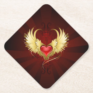 Posavasos De Papel Corazón Rojo con Alas Doradas