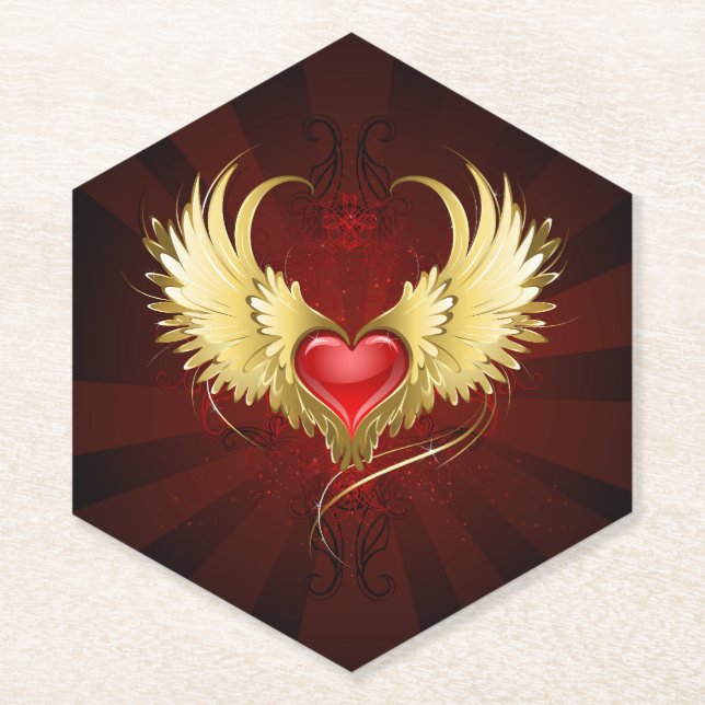 Posavasos De Papel Corazón Rojo con Alas Doradas (Anverso)
