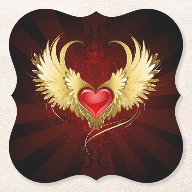 Posavasos De Papel Corazón Rojo con Alas Doradas (Anverso)