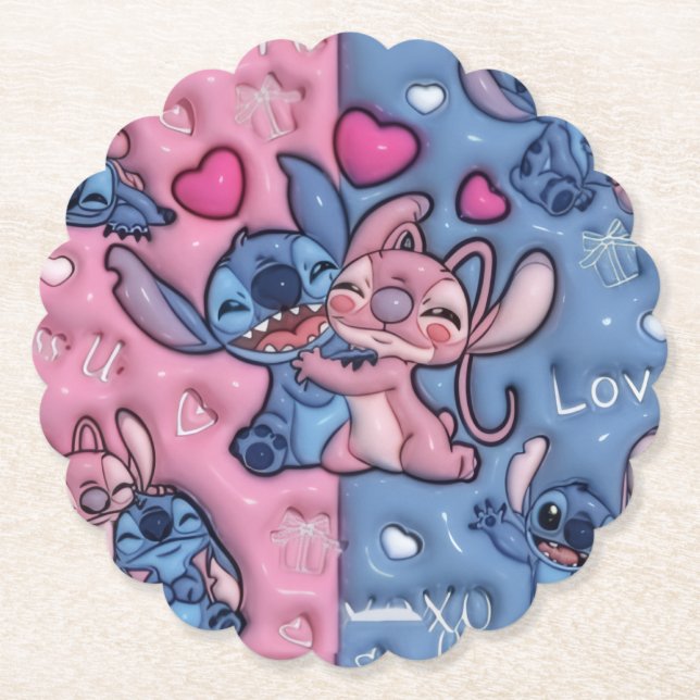 Posavasos de papel Corazones Románticos de Stitch  (Anverso)