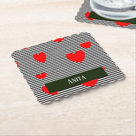 Posavasos De Papel Corazones y rayas rojas personalizadas