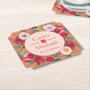 Posavasos De Papel Corona floral de círculo naranja boda china modern