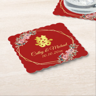 Posavasos De Papel Corona floral geométrica de oro rojo boda china