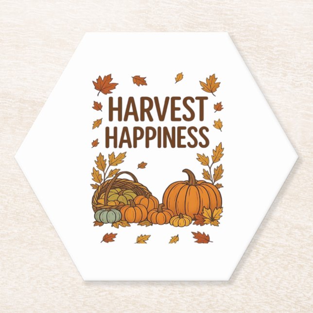 Posavasos De Papel Cosecha Felicidad - Calabaza de otoño y hojas de o (Anverso)