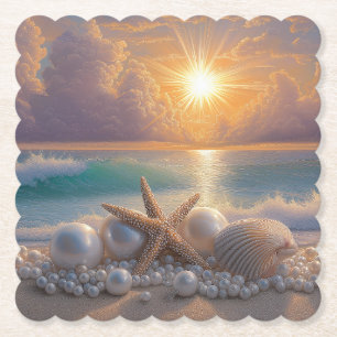 Posavasos De Papel Costa Oceánica Puesta de Sol Conchas Perlas