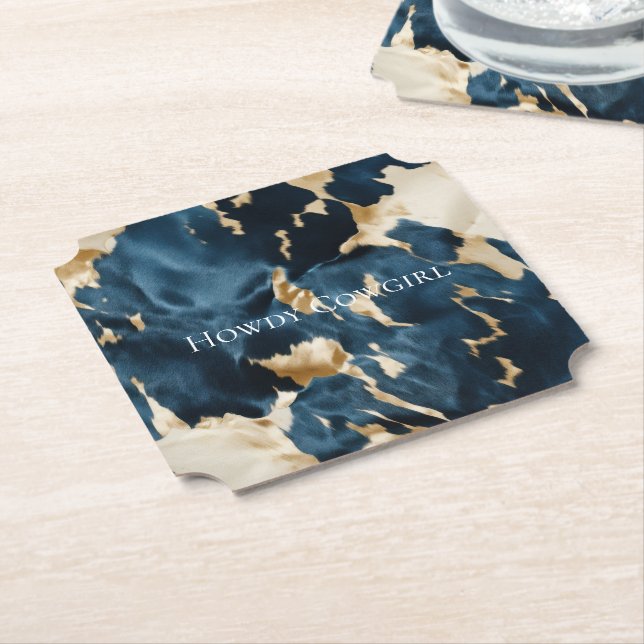 Posavasos De Papel Cowboy Cowgirl Piel de vaca de Western Blue Cream  (En perspectiva)