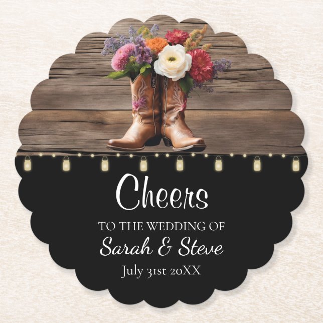 Posavasos De Papel Cowboy Occidental bota una boda floral elegante (Anverso)