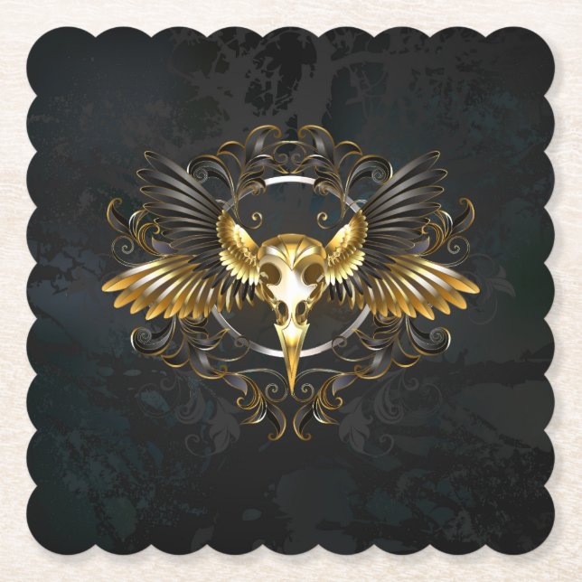 Posavasos De Papel Cráneo de pájaro dorado sobre fondo negro (Anverso)