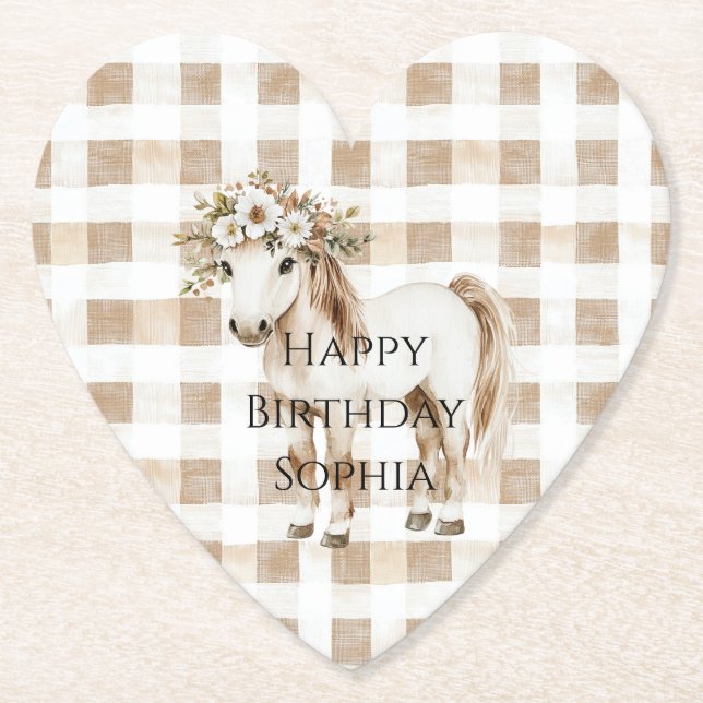 Posavasos De Papel Cream White Plaid Stripes Horse Birthday (Anverso)
