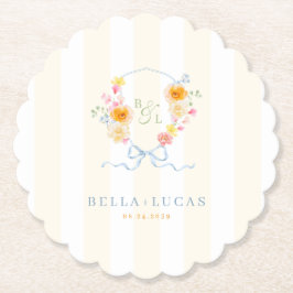 Posavasos De Papel Crest Floral de Monograma con Franja Amarilla para