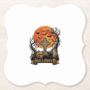 Posavasos De Papel Cruz de Halloween Lápida Calavera Calabaza Gato Ne