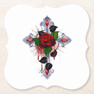 Posavasos De Papel Cruz de Plata con una Rosa Roja