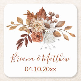 Posavasos de papel cuadrado blanco floral de otoño