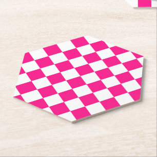Posavasos De Papel Cuadrados a cuadros rosa caliente blanco geométric