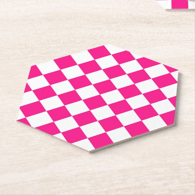 Posavasos De Papel Cuadrados controlados retro geométrico blanco rosa (En perspectiva)