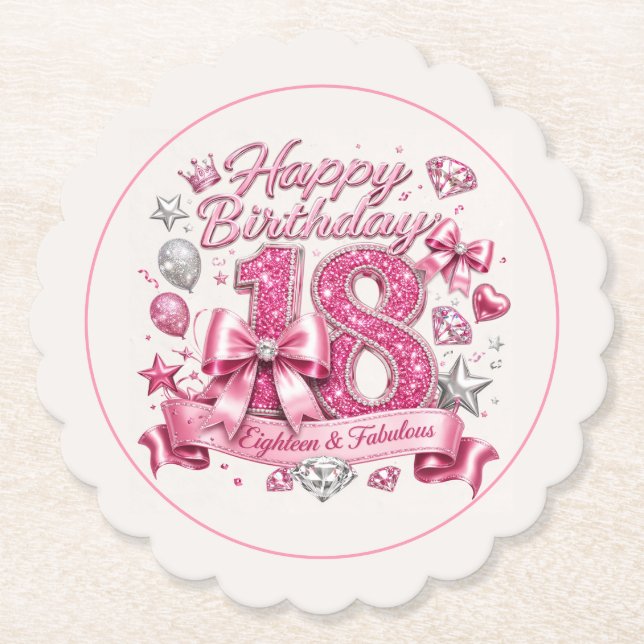 Posavasos De Papel Cumpleaños 18 con brillo rosa (Anverso)