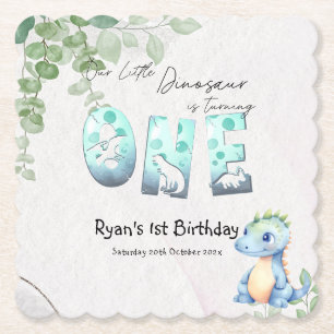 Posavasos De Papel Cumpleaños 1 de adorable dinosaurio de acuarela