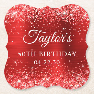 Posavasos De Papel Cumpleaños 50 Brillante con Hojuela Roja