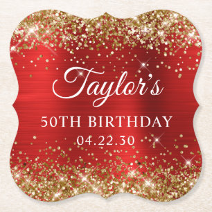 Posavasos De Papel Cumpleaños 50 Brillante Oro Hoja Roja