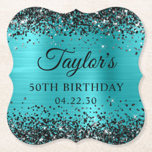 Posavasos De Papel Cumpleaños 50 Brillante Turquesa Azul Negro de Hoj