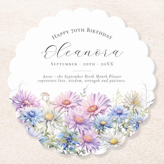 Posavasos De Papel Cumpleaños 70 en septiembre Flor personalizada (Anverso)