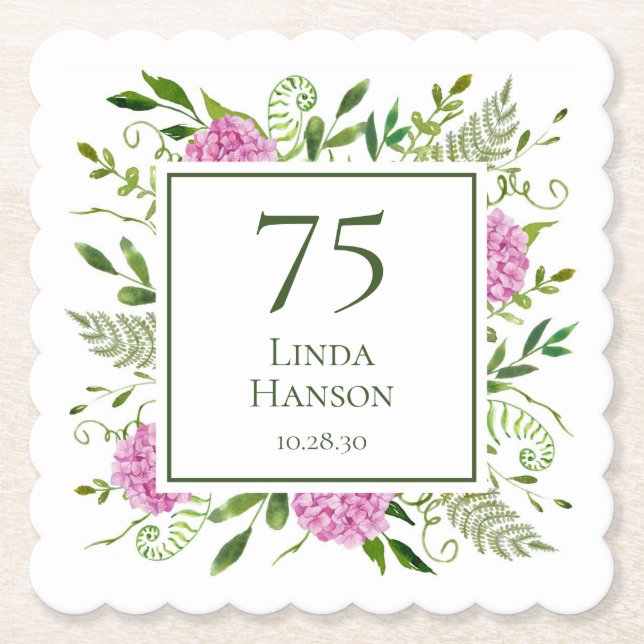 Posavasos De Papel Cumpleaños 75 Rosas Hortensias (Anverso)