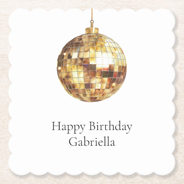 Posavasos De Papel Cumpleaños Bola de Discoteca Dorada (Anverso)