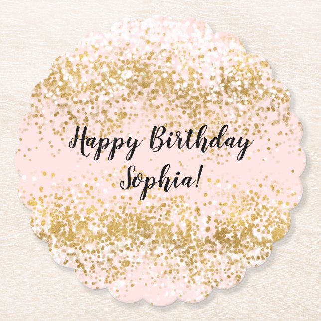 Posavasos De Papel Cumpleaños Brillo Confeti Rosa Rubor Oro Blanco (Anverso)