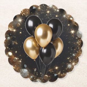 Posavasos De Papel Cumpleaños con Globo de Purpurina Negra y Dorada E