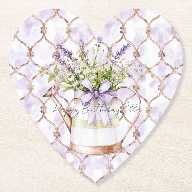 Posavasos De Papel Cumpleaños con lazo de flores de lavanda (Anverso)