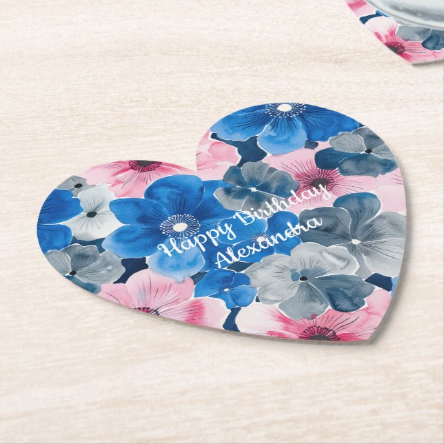 Posavasos De Papel Cumpleaños de la flor azul rosa de la moda (En perspectiva)