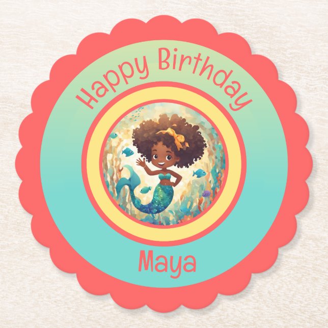 Posavasos De Papel Cumpleaños de la sirena negra (Anverso)