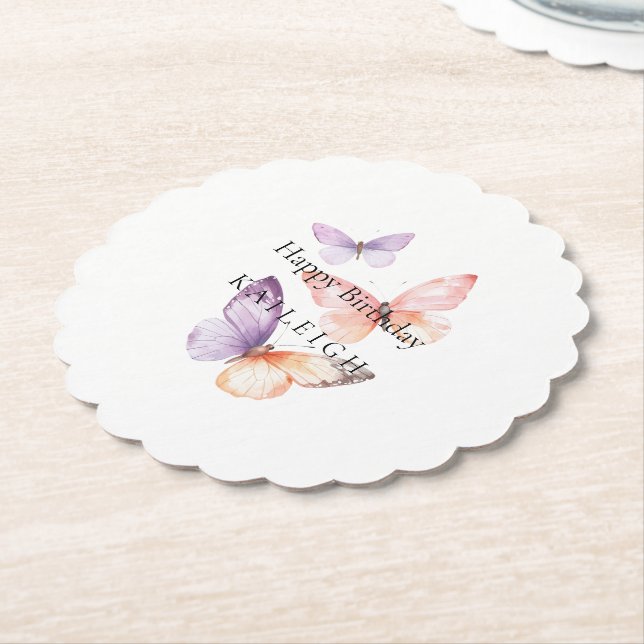 Posavasos De Papel Cumpleaños de las mariposas Peach Purple Lavender (En perspectiva)