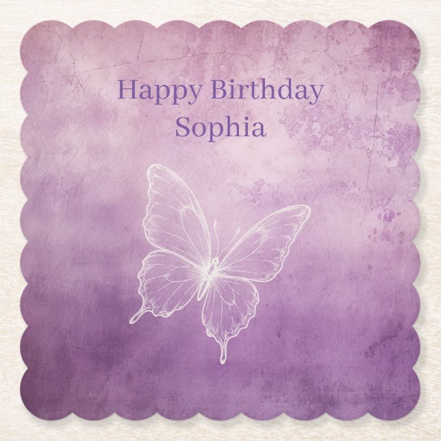 Posavasos De Papel Cumpleaños de Mariposa Blanca Morada (Anverso)