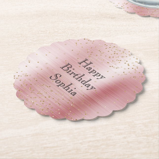 Posavasos De Papel Cumpleaños de Rubor Pink Glam Gold Sparkle Confett (En perspectiva)