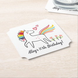Posavasos De Papel Cumpleaños de Unicornio Arcoíris con Nombre Person