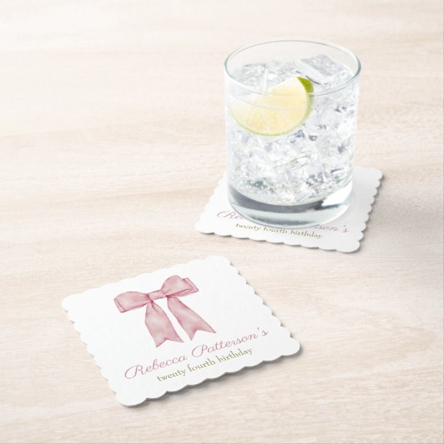Posavasos De Papel Cumpleaños femenino con lazo de acuarela rosa Coqu (In situ)