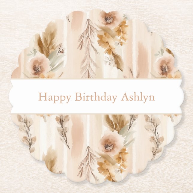 Posavasos De Papel Cumpleaños Floral Boho Crema Rústica (Anverso)