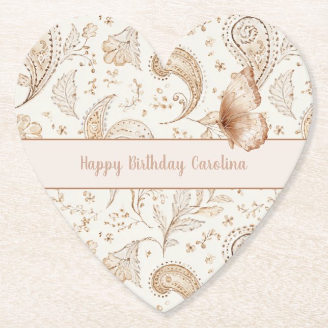 Posavasos De Papel Cumpleaños Mariposa Boho Crema Beige (Anverso)