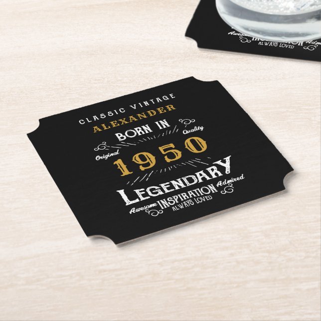 Posavasos De Papel Cumpleaños Personalizado 1950 Legendario Oro Negro (En perspectiva)