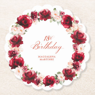 Posavasos De Papel Cumpleaños personalizado de 18 años con flores ros