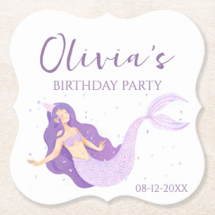 Posavasos De Papel Cumpleaños personalizado de las sirenas moradas