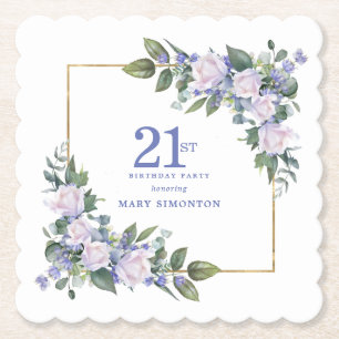 Posavasos De Papel Cumpleaños personalizado de Rosa Blanca Flor Azul