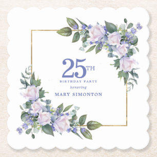 Posavasos De Papel Cumpleaños personalizado de Rosa Blanca Floral Azu