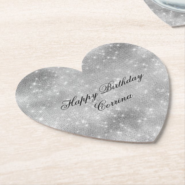 Posavasos De Papel Cumpleaños Romántico con Brillo de Plata Glitzy (En perspectiva)