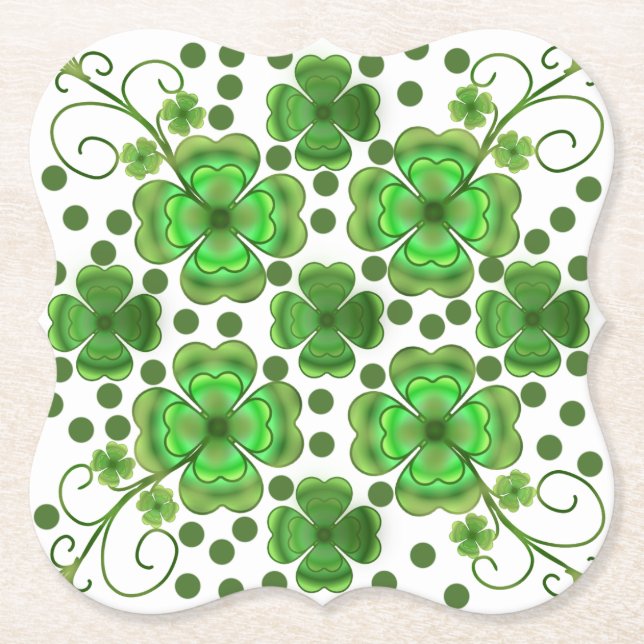 Posavasos De Papel Custom Metallic Green Clover & Swirl Pattern  (Anverso)