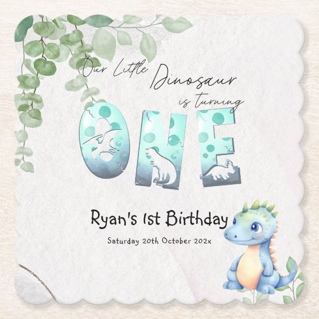 Posavasos De Papel Cute acuarela Bebé Dinosaurio Primer cumpleaños (Anverso)