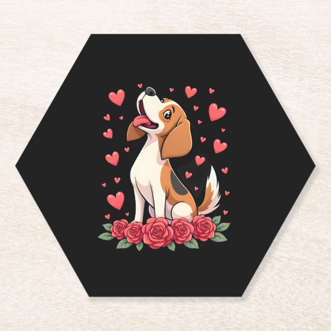 Posavasos De Papel Cute Beagle with Red Roses Hearts Floral Valentine (Anverso)